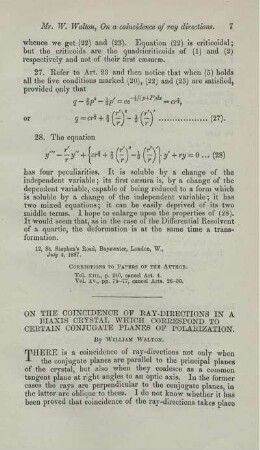 On the coincidence of ray-directions in a biaxis crystal which correspond to certain conjugate planes of polarization.
