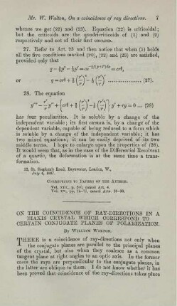 On the coincidence of ray-directions in a biaxis crystal which correspond to certain conjugate planes of polarization.