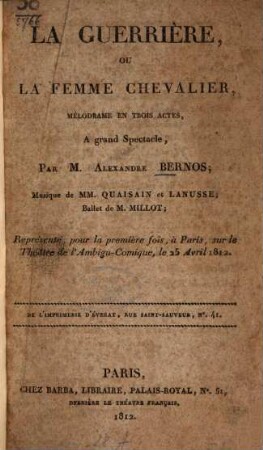 La guerrière, ou la femme chevalier : mélodrame en trois actes