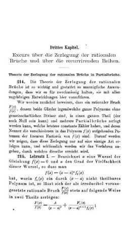 Drittes Kapitel. Excurs über die Zerlegung der rationalen Brüche und über die recurrirenden Reihen.