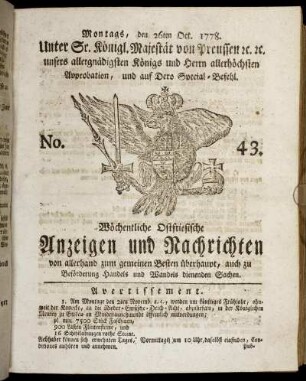 No. 43. Montags, den 26ten Oct. 1778.