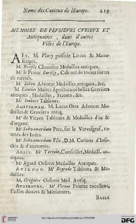 Memoire de plusieurs curieux et antiquaiers, dans d'autres villes d'Europe