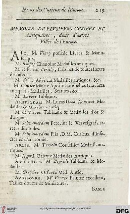 Memoire de plusieurs curieux et antiquaiers, dans d'autres villes d'Europe