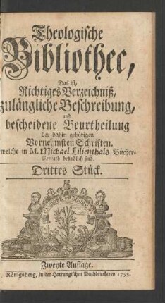 Theologische Bibliothec ... Drittes Stück.