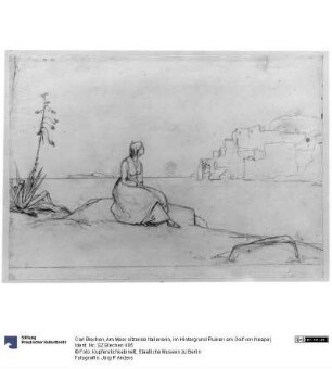 Am Meer sitzende Italienerin, im Hintergrund Ruinen am Golf von Neapel