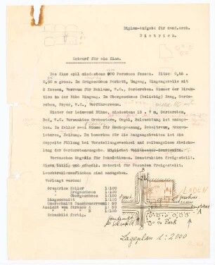 (Studienarbeiten): Erläuterungsbericht zur Diplomarbeit (Entwurf für ein Kino) von cand. arch. Dietrich. Aufgabenstellung für eine große Sporthalle