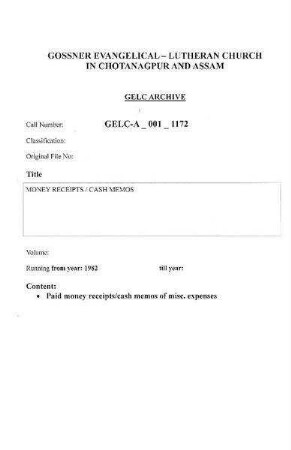 MONEY RECEIPTS / CASH MEMOS