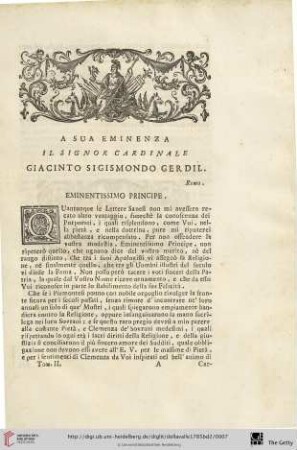 A sua Eminenza il Signor Cardinale Giacinto Sigismondo Gerdil