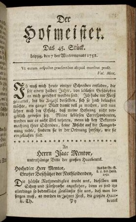 Das 45. Stück. Leipzig, den 7 des Wintermonats 1752.