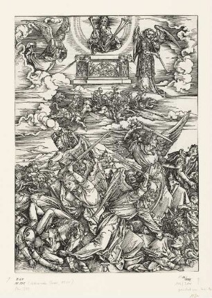 Engelkampf, Blatt 7 aus: Albrecht Dürer, "Apocalipsis cum figuris", Nürnberg 1511