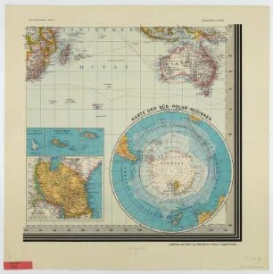 Weltkarte, 1:35 000 000, 1910 : Henze, Adolf : Henze's Weltkarte : in Mercators Projection ; mit besonderer Berücksichtigung des Welt- und Handelsverkehrs, des Kolonialbesitzes und der Polargebiete ; Section I-VI / Adolf Henze. - 1:35 000 000 Leipzig-Neustadt : Henze , [ca. 1910]. - 6 Kt. : Lithogr. ; 45 x 45 cm + Zeichen-Erklärung u. Erläuterung. - 12 Nebenkarten
