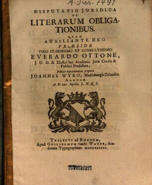 Disputatio Iuridica De Literarum Obligationibus