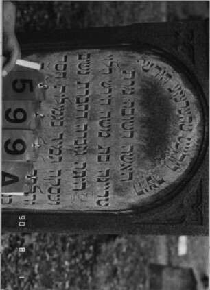 Grabstein 599 (Index: 99790839) Maße HxBxT: 131x60x16 cm Symbolik: Levitenkanne Besonderheit: kulturhistorisch wertvoll / hist.-wiss. Gründe (Gemeindestellung): Grabstein 599A