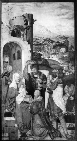 Anbetung der Heiligen Drei Könige : Anbetung der Heiligen Drei Könige. Tafelmalerei (um 1520/1530). Sonthofen (Kreis Oberallgäu), Friedhofskapelle Sankt Sebastian und Afra