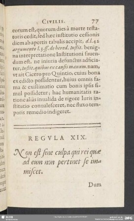 Regula XIX. Non est sine culpa qui rei quae ad eum non pertinet se immiscet