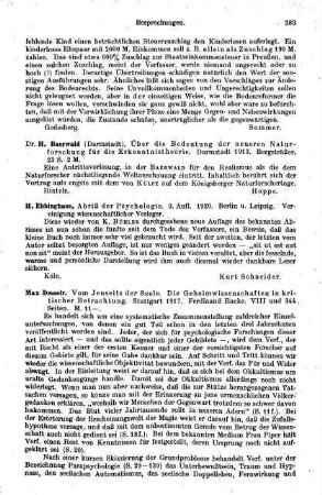 383, H. Baerwald. Über die Bedeutung der neueren Naturforschung für die Erkenntnistheorie. 1913