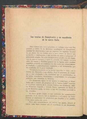 Las teorias de Gumplowicz y un manifesto de la nueva Italia