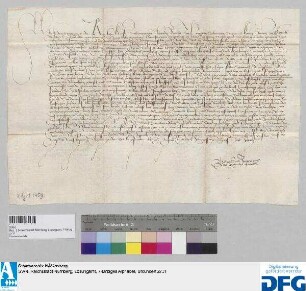 Kaiser Friedrich III. gebietet dem Hanns von Degenberg zu Altennußberg, welcher mit Lorenz Schuerstab der Stadt Nuernberg Fehde angesagt und Nürnberg Schaden zugefügt hatte, bei 100 ### Goldes Strafe davon abzustehen und alles Unrecht wieder gut zu machen.