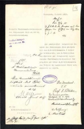 Unabkömmlichkeitsattest des Präparators Böck an der Königlichen Naturaliensammlung