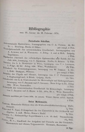 Bibliographie vom 16. Januar bis 28. Februar 1874.