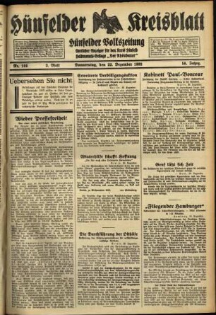 Zweite Ausgabe vom Donnerstag, den 22. Dezember 1932.