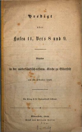 Predigt über Hosea 11, Vers 8 und 9 : Gehalten in der niederländisch-reform. Kirche zu Elberfeld am 28. Oktober 1849
