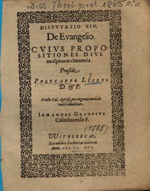 Dispvtatio XIV. De Evangelio