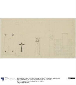 Darmstadt, Dreihäusergruppe, Predigerhaus, Erdgeschoss, Amtszimmer, Raum 28, Aufriss der Ostwand