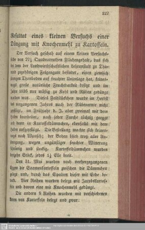 Resultat eines kleinen Versuchs einer Düngung mit Knochenmehl zu Kartoffeln