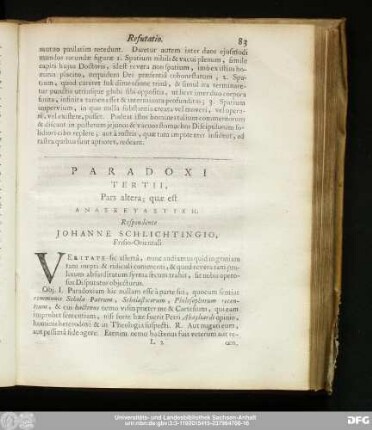 Pars altera; quae est [...]. Respondente Iohanne Schlichtingio, Frisio-Orientali.