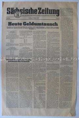 Extrablatt der regionalen Tageszeitung "Sächsische Zeitung" zum Umtausch der Banknoten der DDR in "Mark der Deutschen Notenbank"