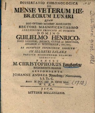 Dissertatio Chronologica De Mense Veterum Hebraeorum Lunari