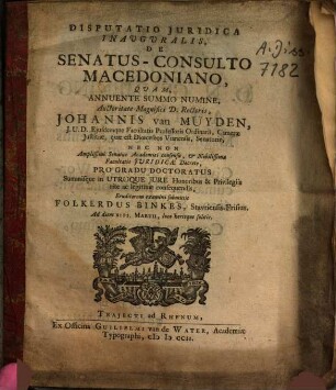 Disputatio Iuridica Inauguralis, De Senatus-Consulto Macedoniano