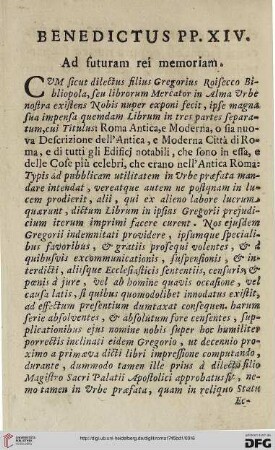 Benedictus PP. XIV: Ad furutam rei memoriam