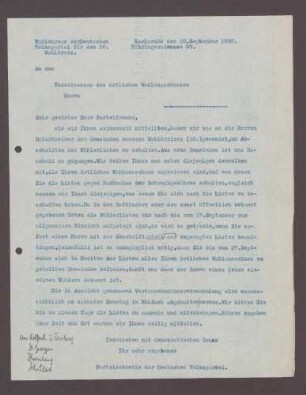 Schreiben des Parteisekretärs der DVP, Karlsruhe, an die Vorsitzenden der örtlichen Wahlausschüsse: Abschrift der Wählerlisten und Vertrauensmännerversammlung in Wolfach, 1 Schreiben (Durchschlag)