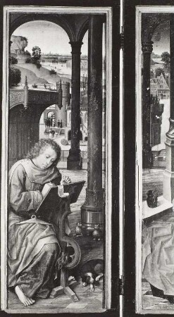Lukas-Altar, linker Altarflügel: der heilige Lukas schreibt das Evangelium