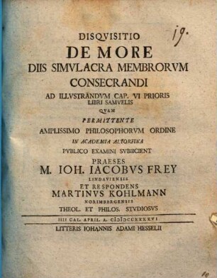 Disquisitio de more, diis simulacra membrorum consecrandi : ad illustrandum cap. VI. prioris libri Samuelis