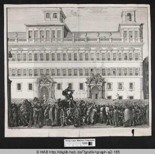 Volksmenge vor dem Nürnberger Rathaus beim Friedensfest 1648.