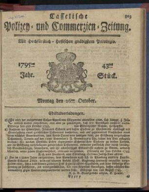 43tes Stueck, Montag den 26ten October 1795