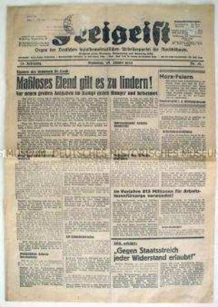 Titelblatt der sozialdemokratischen Wochenzeitung aus Böhmen "Freigeist" u.a. zur Gefahr eines Staatsstreiches in Deutschland