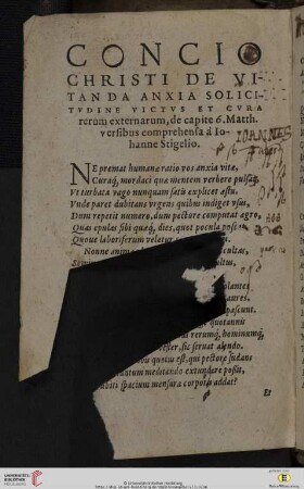 Concio Christi de vitanda anxia solicitudine victus et cura rerum externarum, de capite 6. Matth. versibus comprehensa à Iohanne Stigelio