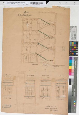 Geschäftsgebäude der Kgl. Eisenbahndirektion Essen: Treppe im linken Seitenflügel: Schnitt, Aufsicht der Treppenteile [Linoleumbelag], M. 1:50 Hgv, Sknr.: 1, Fanr.: 11, Bunr.: 18