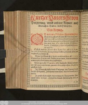 Kurzer Unterricht von Purgierung/ unnd anderer Arzney/ auch Aderlassen/ Baden/ und Schrepffen.