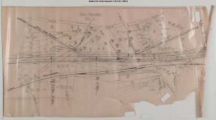 Hangelar, Bahnhof (neu): Katasterplan mit neuer B56, alter Streckenführung der RSE und Bahnhof Hangelar der Kleinbahn Beuel - Großenbusch (Industriebahn)