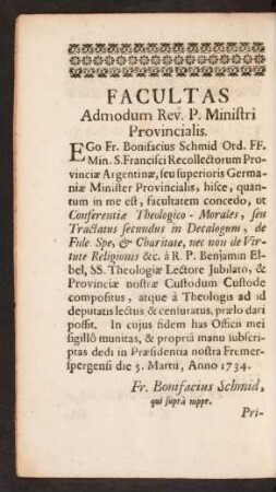 Facultas Admodum Rev. P. Ministri Provincialis