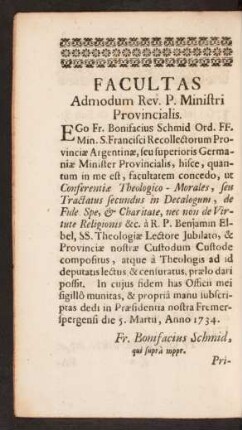 Facultas Admodum Rev. P. Ministri Provincialis