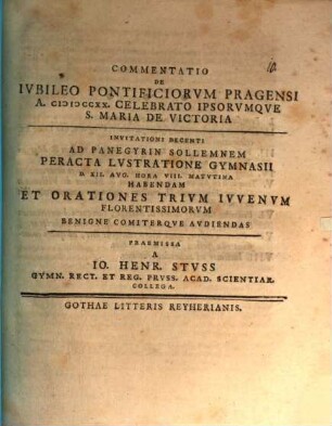 Commentatio de iubileo pontificiorum Pragensi anno 1720 celebrato, ipsorumque S. Maria de Victoria