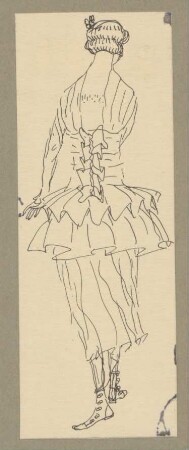 Rückenstudie eiens Kleides : Kleid mit rückenfreiem Oberteil enger Taille und breitem Schoß, Rockteil mit Stufen; Blatt montiert