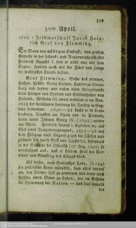 30ter April. 1728. † Feldmarschall Jacob Heinrich Graf von Flemming