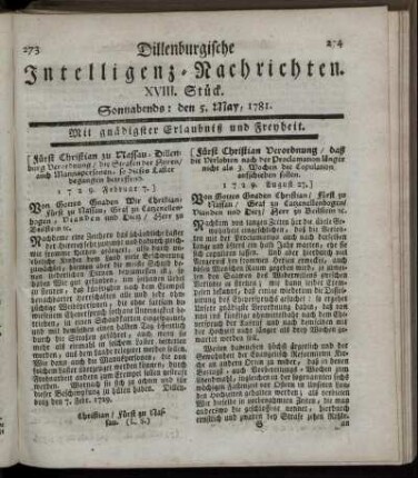 XVIII. Stück. Sonnabends: den 5. May 1781.